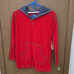 Red Hooded Long Sleeve Shirt with Pocket